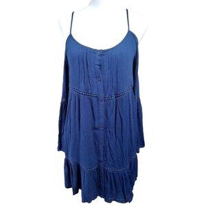 Paper Crane Womens Navy Blue Spaghetti Strap Off Shoulder Long Flare Sleeve Dres